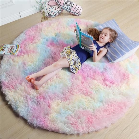 Rainbow Fluffy Rugs for Girls Bedroom 5ft,Unicorn Room Decor,Pastel Round Rug - Picture 1 of 6